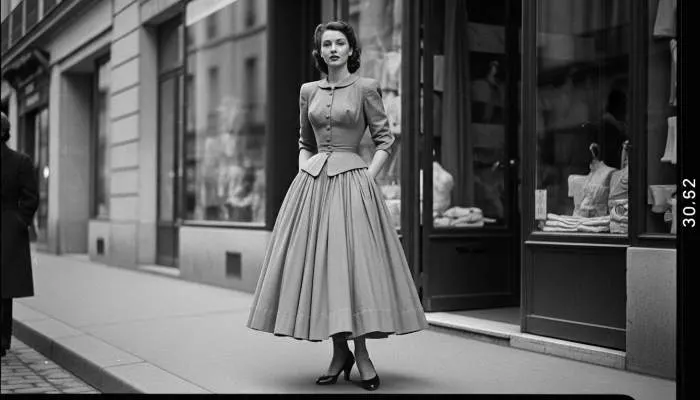 1947 Dior New Look dress with nipped waist, full skirt, and rounded shoulders