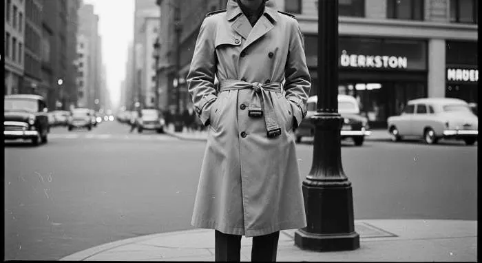 Classic trench coat with epaulettes, storm flap, and belt, showcasing its iconic military-inspired design.