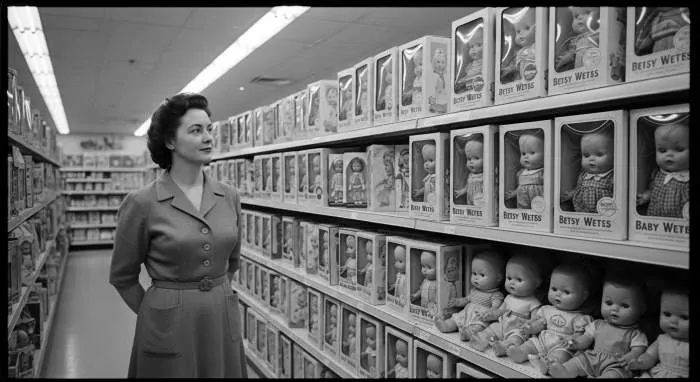 Ruth Handler watching daughter Barbara play with paper dolls that inspired Barbie