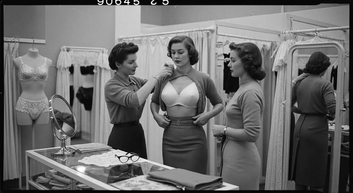 1950s woman being fitted for a pointed bullet bra creating the era's iconic silhouette