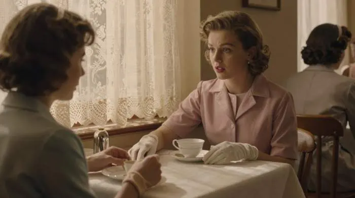 Hushed cafe scene with a woman in a 1950s dress and gloves facing a disapproving glance