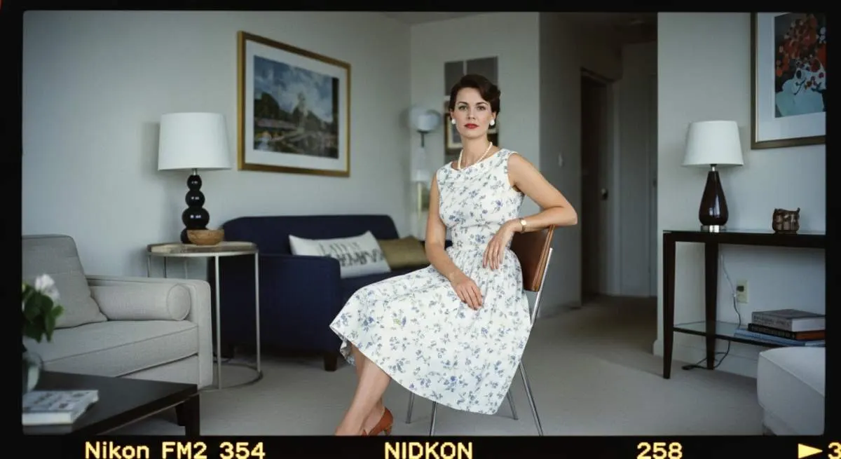 Woman styling a 1950s-inspired dress with modern sneakers for a casual vintage fashion look
