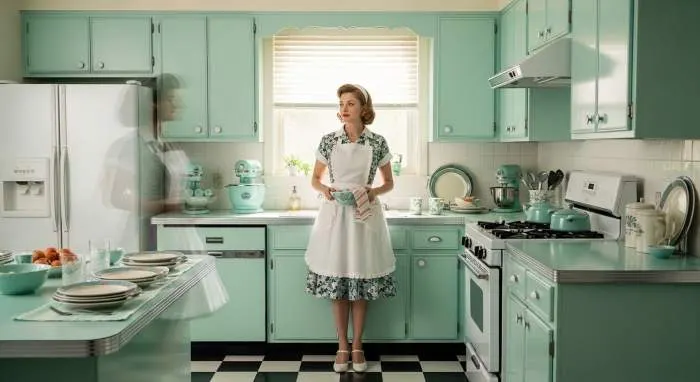 1950s housewife in pastel kitchen decor shows hidden discontent beneath the idyllic facade