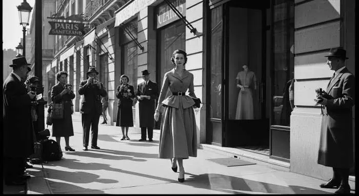 Dior New Look dress with cinched waist and full skirt, 1947