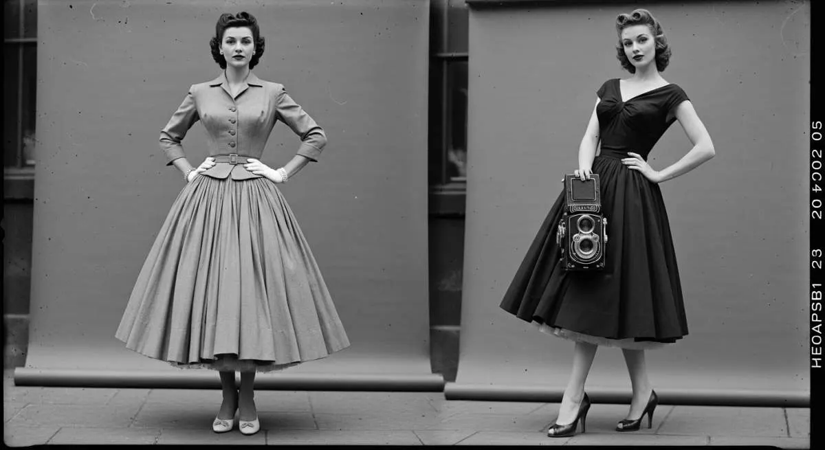 1950s Dior New Look fashion with cinched waist silhouettes and classic pin-up femininity