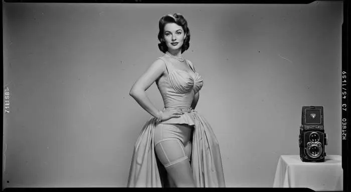 Woman in Dior New Look gown with cinched waist and full skirt, 1950s pinup style.