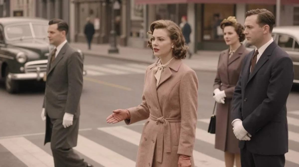 Elegant 1950s woman wearing white gloves in public during an era of strict social fashion rules