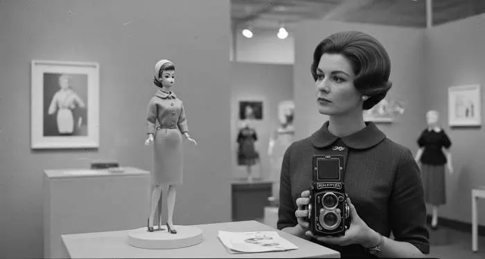 1960s Barbie doll wearing a vintage cocktail dress and blonde ponytail, representing aspirational fashion play