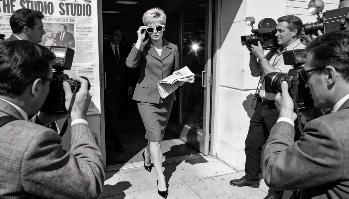 Mia Farrow showing off her iconic 1960s pixie haircut during a Hollywood beauty scandal