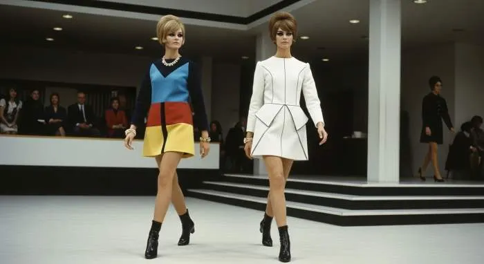 Twiggy in 1960s mod fashion with bold eyeliner and mini skirt