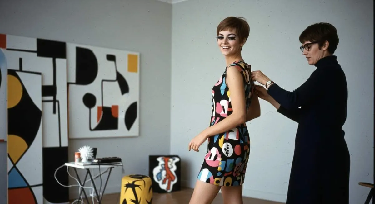 Twiggy-inspired 1960s mod fashion portrait featuring a mini skirt and dramatic eye makeup