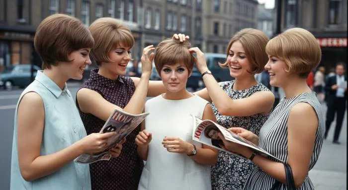 Twiggy posing in a mod mini dress with cropped hair and dramatic eyelashes
