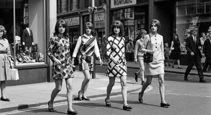 1960s woman wearing bold Mod mini dress with geometric pattern