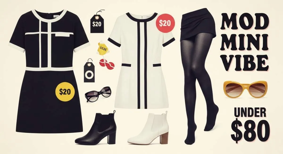 1960s mod-inspired mini dress outfit styled on a modern fashion budget