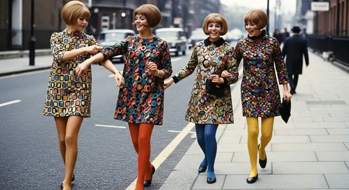 Twiggy posing in a mod mini skirt and shift dress with graphic