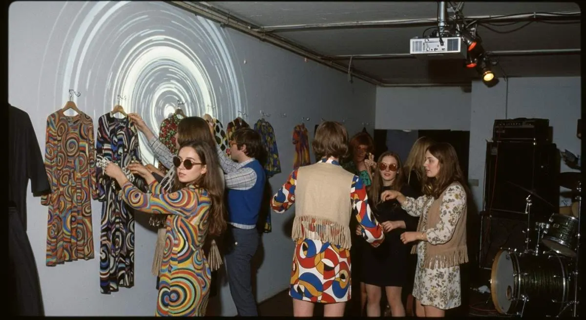 1960s psychedelic fashion with colorful patterns inside a smoky underground club scene