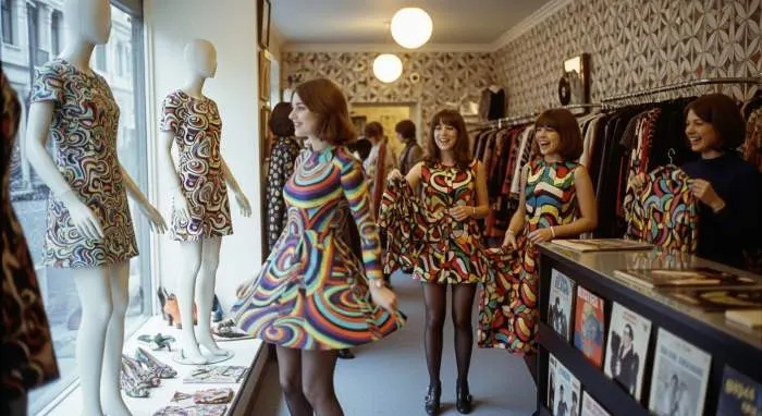 Vibrant 1960s boutique featuring psychedelic optical prints and kaleidoscope swirls