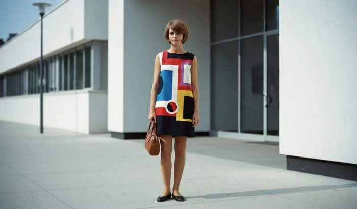 1960s shift dress with bold color blocking and space-age patterns