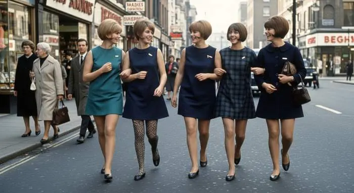 Twiggy in a mod mini skirt and bold eyeliner, 1960s fashion icon