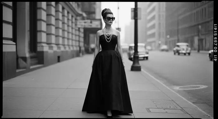 Audrey Hepburn in a Givenchy little black dress with oversized sunglasses, pearl necklace, and tiara