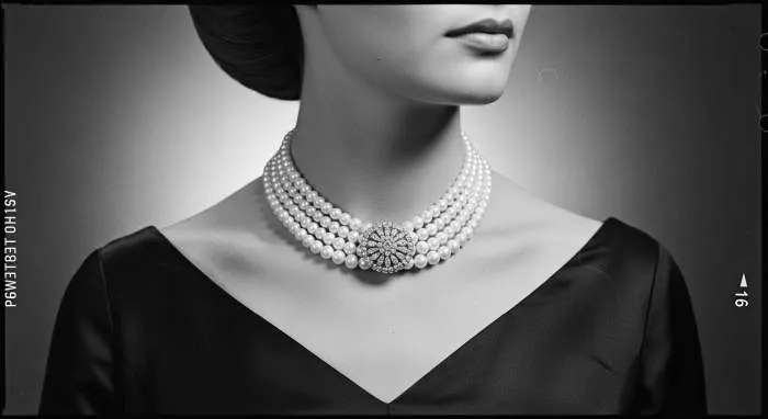 Audrey Hepburn as Holly Golightly wearing five-strand pearl necklace with rhinestone brooch clasp