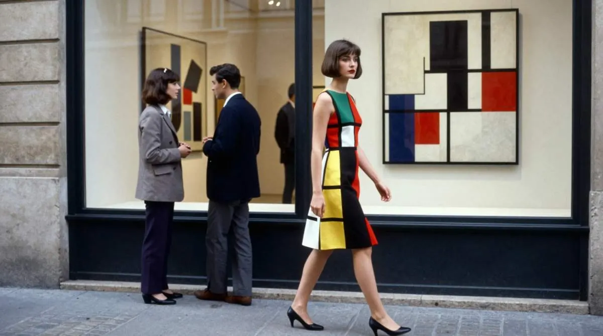 Woman wearing the iconic 1966 Yves Saint Laurent Mondrian dress inspired by geometric modern art