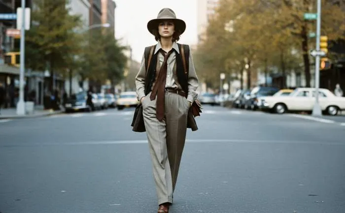 Diane Keaton's Annie Hall look: oversized vest, tie, and trousers, a landmark in 1970s androgynous fashion