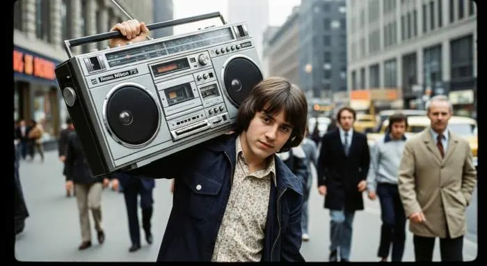 1970s boombox playing music in public, a portable stereo before the Walkman