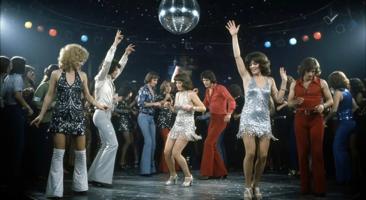 People dancing in glittering disco outfits during a glamorous 1970s Studio 54-style party