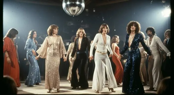 Donna Summer performing in sparkling 1970s disco fashion