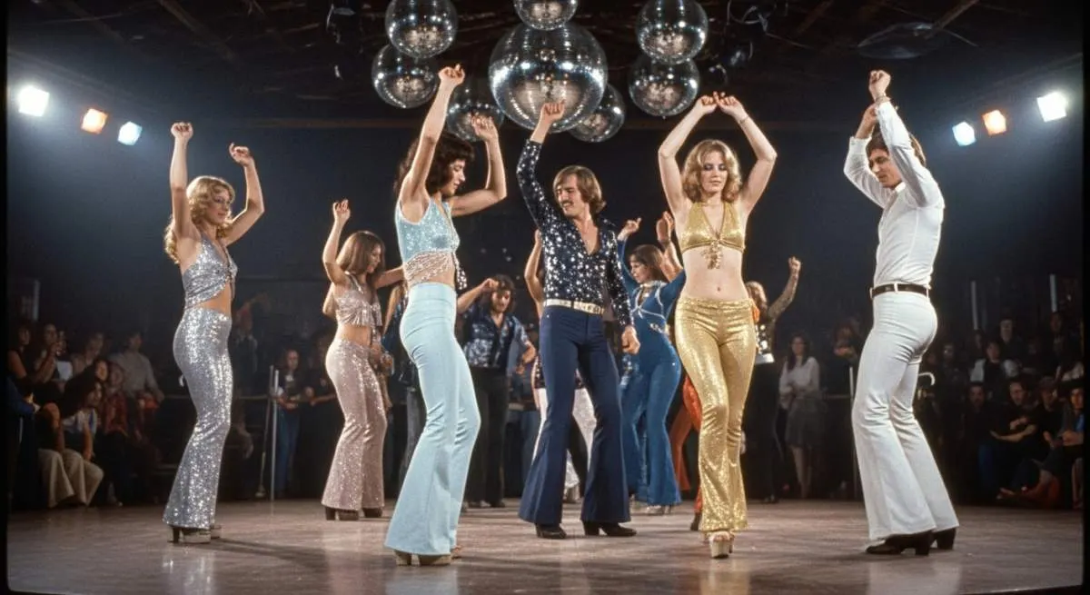 1970s disco dancers in glittering outfits surrounded by colorful lights and retro glamour