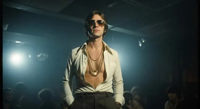 Studio 54 partygoer in open shirt and aviator sunglasses, embodying 70s disco glamour