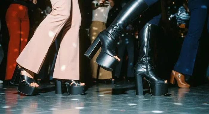 Chunky platform heels and knee-high boots from 1970s disco fashion.