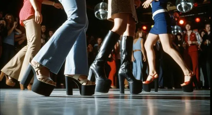 Platform boots with thick soles on a 1970s Studio 54 dance floor