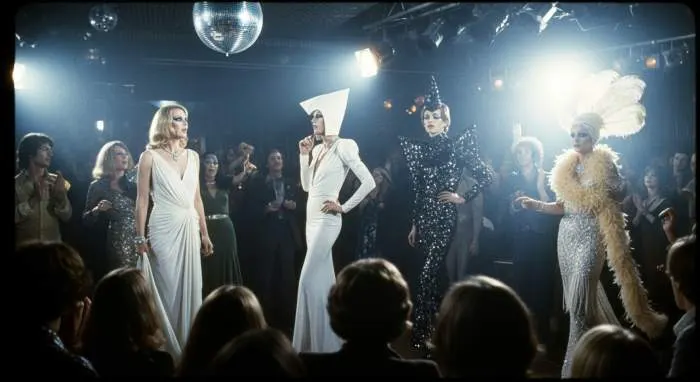 Studio 54 disco dancers in glamorous 1970s fashion under colorful lights
