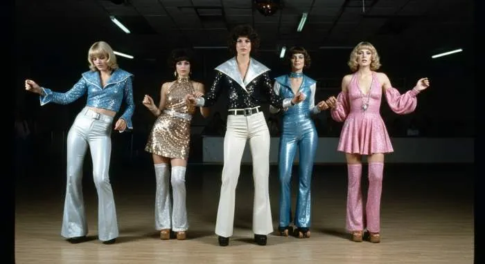 Woman wearing gold lamé halter top and bell-bottoms on Studio 54 dance floor