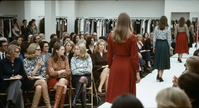 Women protesting midi skirt styles on a 1970s runway, consumer resistance in fashion history
