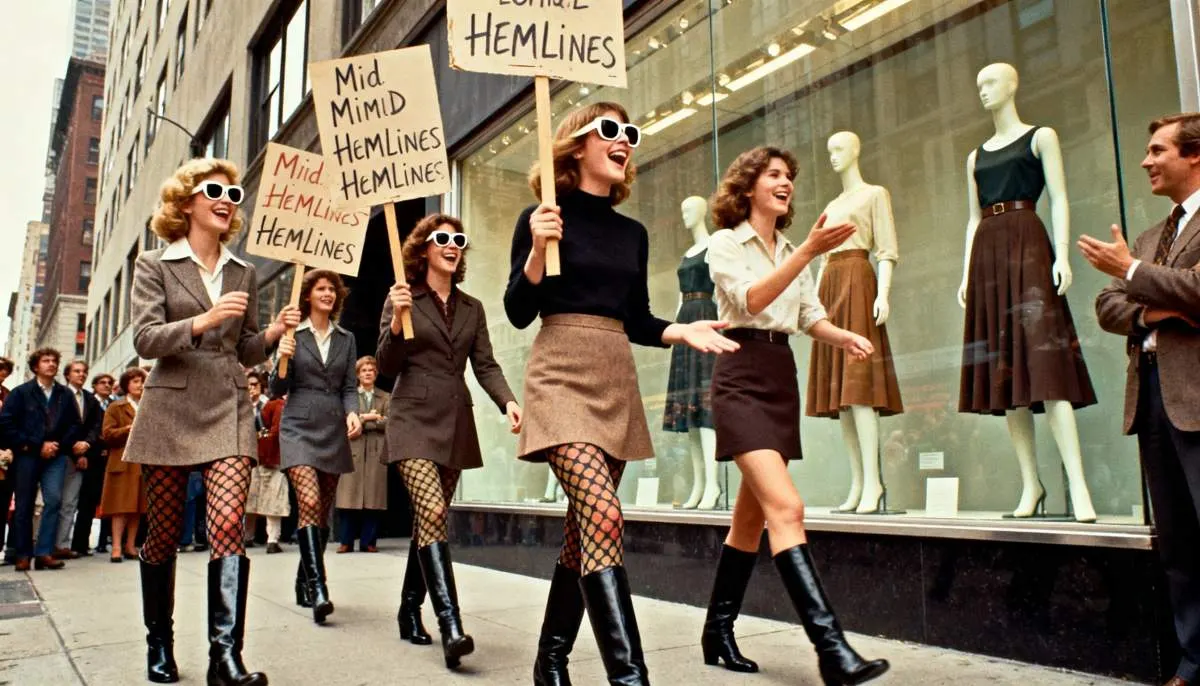 Women protesting in 1970s mini skirts during the midi skirt hemlines fashion revolt