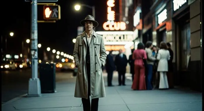 Vintage trench coat draped over a chair in a 1970s-style room