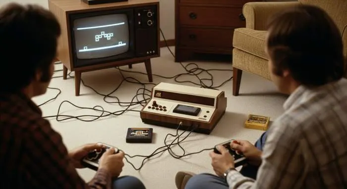 Atari 2600 console with wood-grain design and two joystick controllers