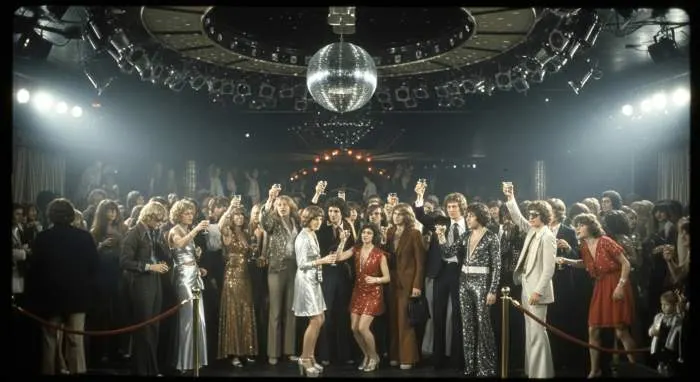 Glittering disco dancers and celebrity guests at Studio 54, 1970s nightlife