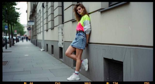 1980s acid wash denim mini skirt style