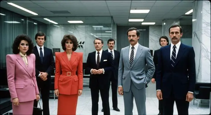 A woman in a 1980s power suit with oversized shoulder pads, reflecting the decade's corporate fashion ambition