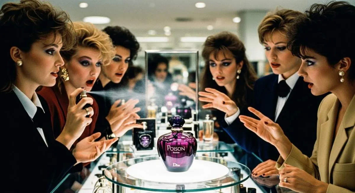 Vintage Dior Poison perfume bottle surrounded by dramatic 1980s glamour styling