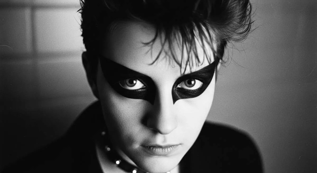 1980s goth portrait with dramatic eye makeup inspired by Siouxsie Sioux and post-punk fashion