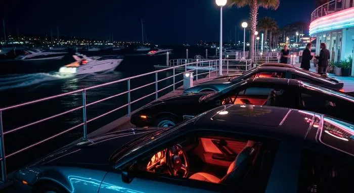 Miami Vice detectives in pastel suits beside a Ferrari in neon-lit Miami night