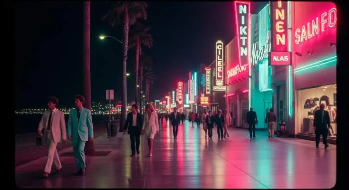 Vibrant synthwave scene: pink and purple neon city with a sleek car under teal sky