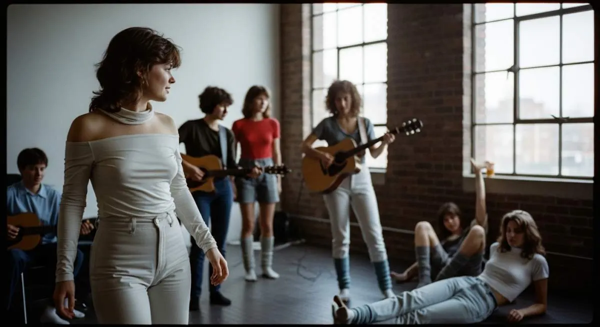 1980s woman wearing an off-the-shoulder top inspired by Flashdance fashion trends