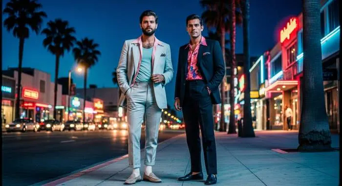 Sonny Crockett with stubble and Ricardo Tubbs in sharp suits on Miami Vice
