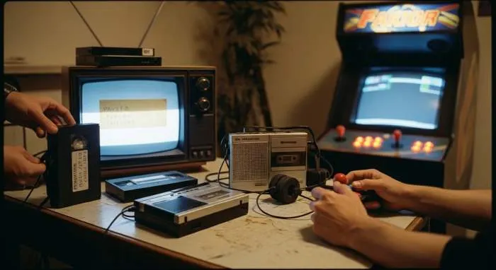 Cassette tape rewinding with visible magnetic tape and plastic spools